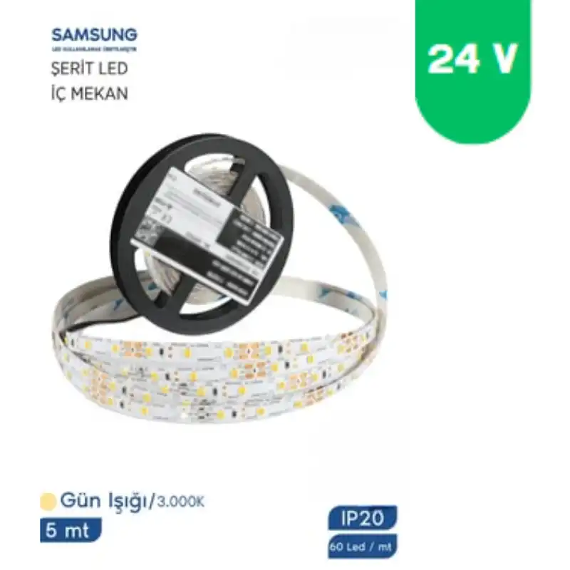 24 Volt 2835 Samsung 60 Led 3000 K Günışığı İç Mekan 5 Metre Şerit Led