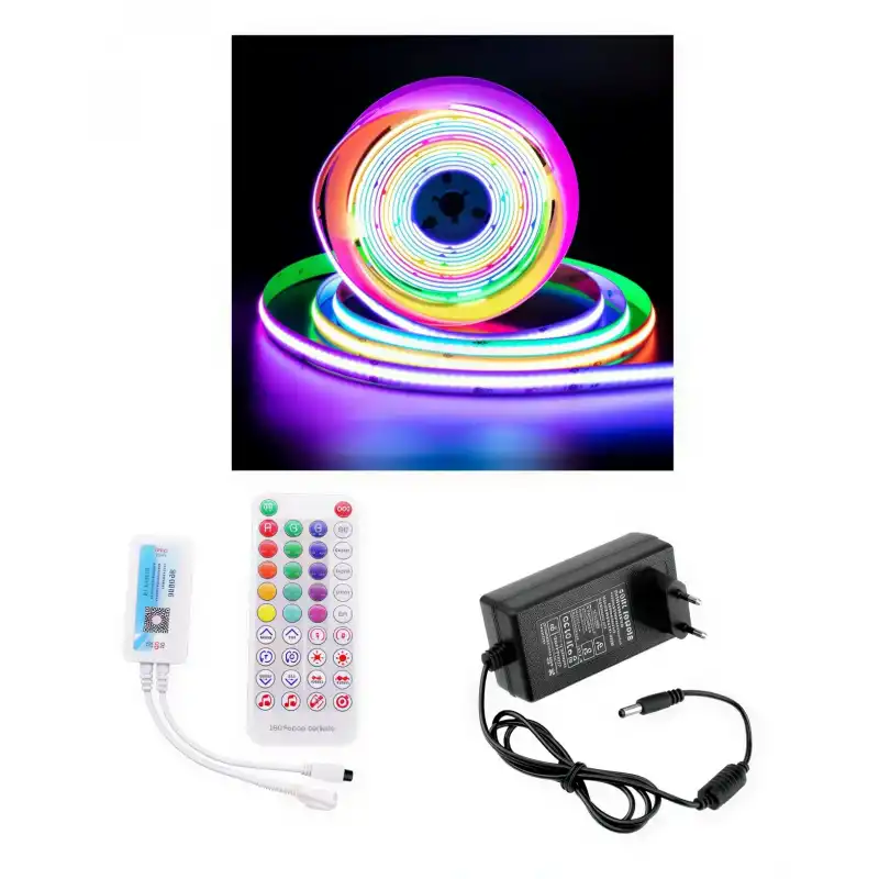 5 Metre 12 Volt 12mm İç Mekan 720 Ledli Argb Pixel Cob Led SP611E Bluetoothlu Sese Duyarlı Tek Çıkış Kumanda 5A Priz Tipi Plastik Trafo Set
