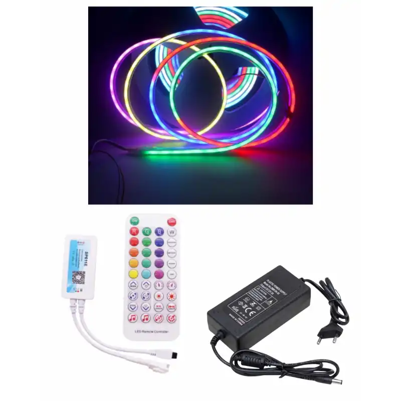 5 Metre 12 Volt 6x12 mm 120 Ledli Argb Pixel Neon SP611E Bluetoothlu Sese Duyarlı Tek Çıkış Kumanda 5A Plastik Trafo Set