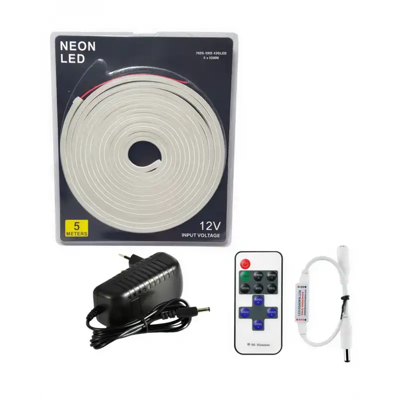 5 Metre 12 Volt 6x12 mm Esnek 6500K Beyaz Neon Led 12A Tek Renk Kumandalı RF Dimmer 3A Plastik Adaptör Set