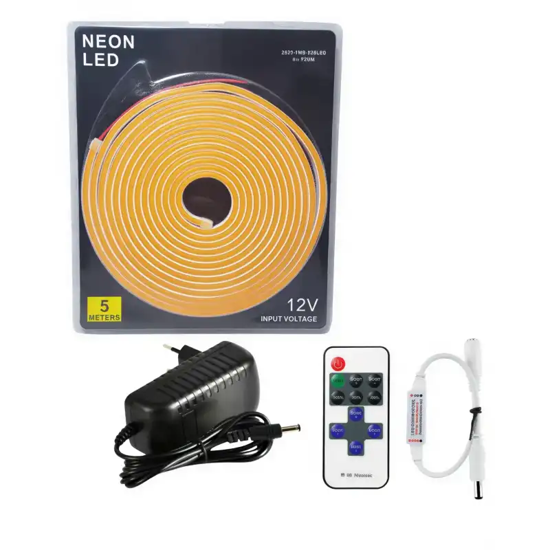 5 Metre 12 Volt 6x12 mm Esnek Amber Neon Led 12A Tek Renk Kumandalı RF Dimmer 3A Plastik Adaptör Set