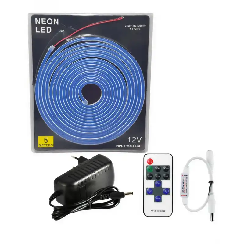 5 Metre 12 Volt 6x12 mm Esnek Mavi Neon Led 12A Tek Renk Kumandalı RF Dimmer 3A Plastik Adaptör Set