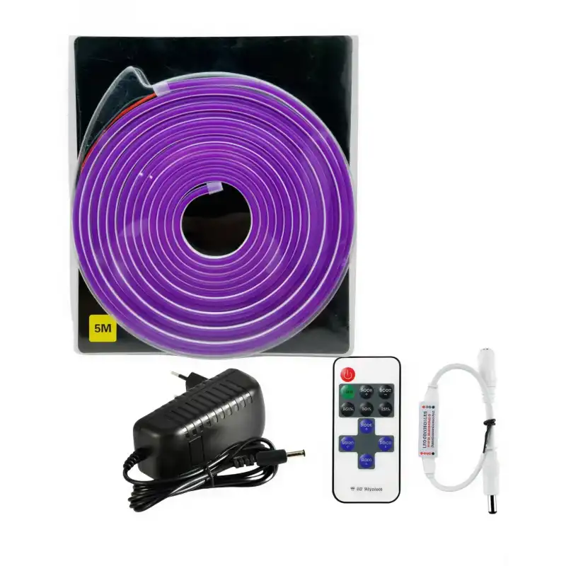 5 Metre 12 Volt 6x12 mm Esnek Mor Neon Led 12A Tek Renk Kumandalı RF Dimmer 3A Plastik Adaptör Set