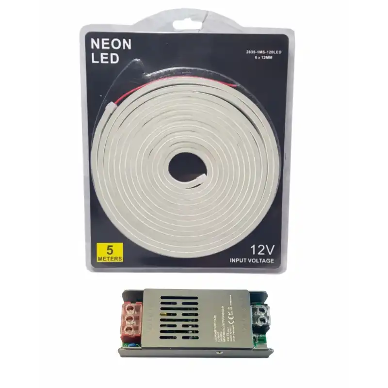 5 Metre 12 Volt 6x12 mm Esnek Neon Led 4000K Naturel Beyaz 5A Slim Trafo Set