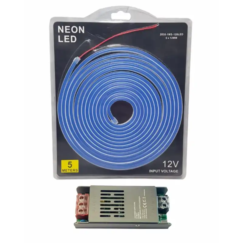 5 Metre 12 Volt 6x12 mm Esnek  Mavi Neon Led 5A Slim Trafo Set