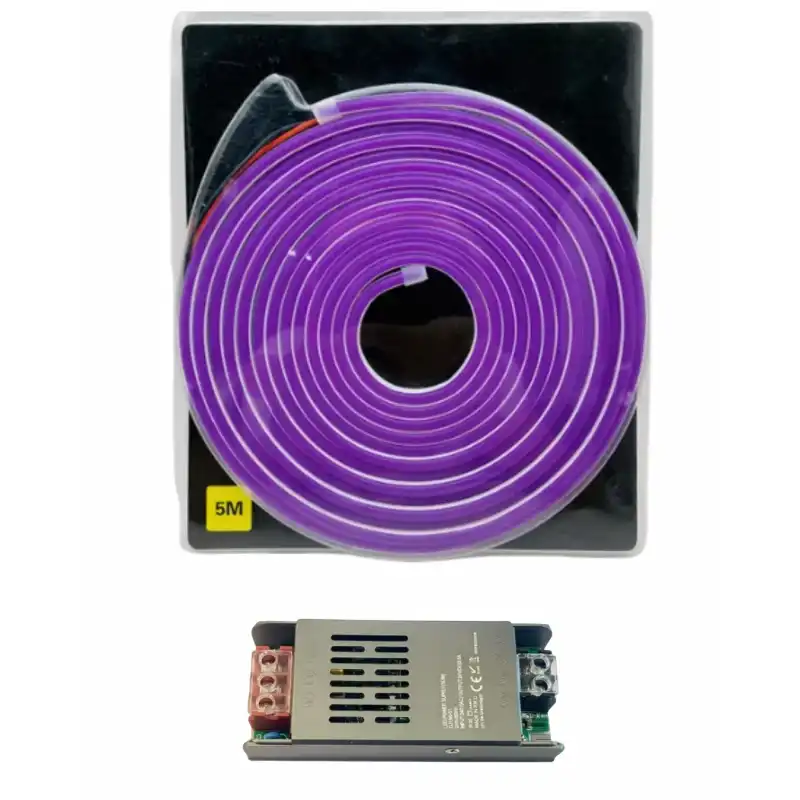 5 Metre 12 Volt 6x12 mm Esnek Mor Neon Led  5A Slim Trafo Set