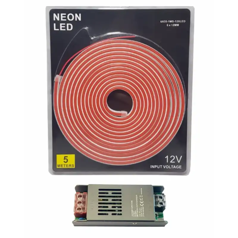 5 Metre 12 Volt 6x12 mm Esnek Pembe Neon Led  5A Slim Trafo Set
