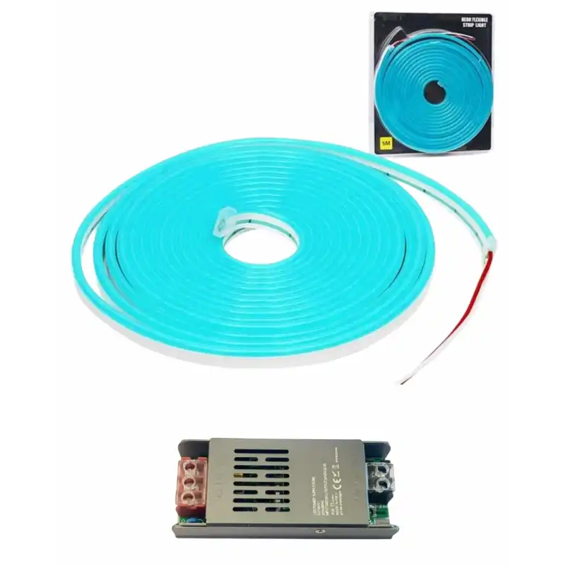 5 Metre 12 Volt 6x12 mm Esnek Turkuaz Neon Led  5A Slim Trafo Set