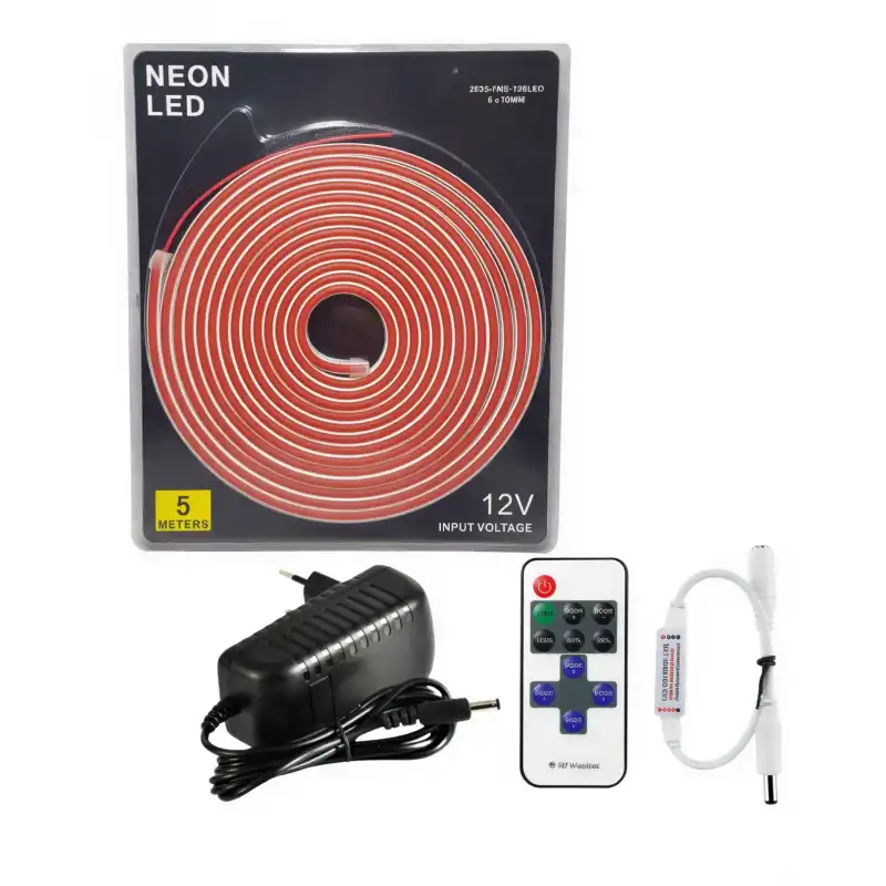 5 Metre 12 Volt 6x12 mm Esnek Pembe Neon Led 12A Tek Renk Kumandalı RF Dimmer 3A Plastik Adaptör Set