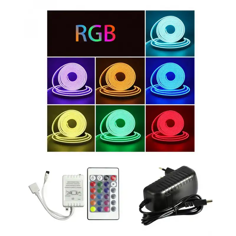 5 Metre 12 Volt 6x12 mm Esnek RGB Neon Led 24 Tuşlu IR Kumanda 3A Plastik Adaptör Set