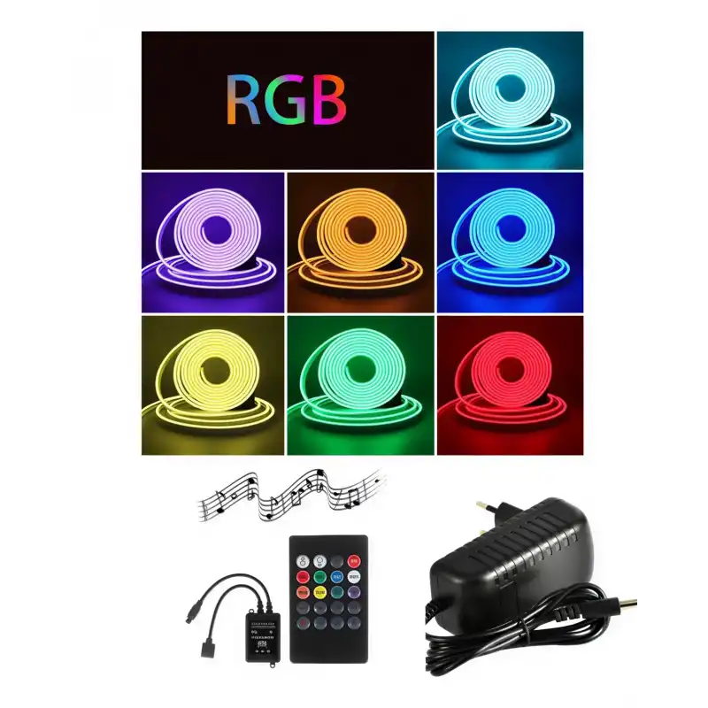 5 Metre 12 Volt 6x12 mm Esnek RGB Neon Led Sese ve Müziğe Duyarlı IR Kumanda 3A Plastik Adaptör Set