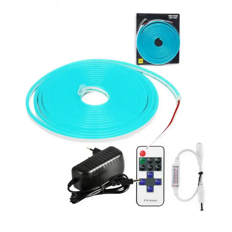 5 Metre 12 Volt 6x12 mm Esnek Turkuaz Neon Led 12A Tek Renk Kumandalı RF Dimmer 3A Plastik Adaptör Set
