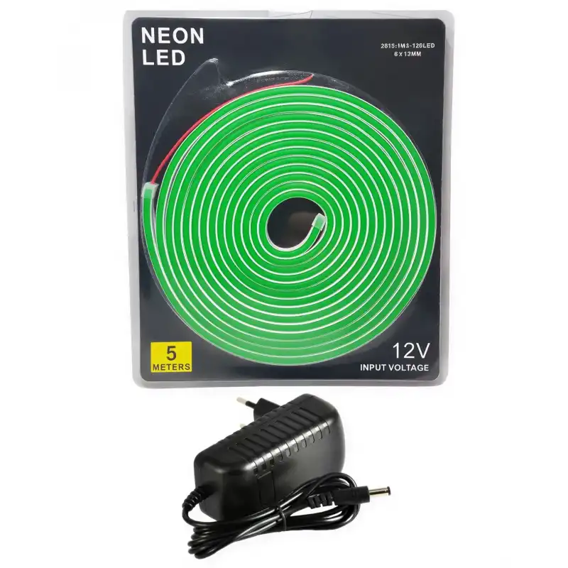 5 Metre 12 Volt 6x12 mm Esnek Yeşil Neon Led 3A Plastik Adaptör Set