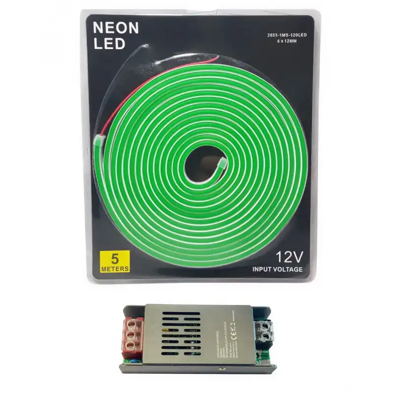 5 Metre 12 Volt 6x12 mm Esnek Yeşil Neon Led 5A Slim Trafo Set