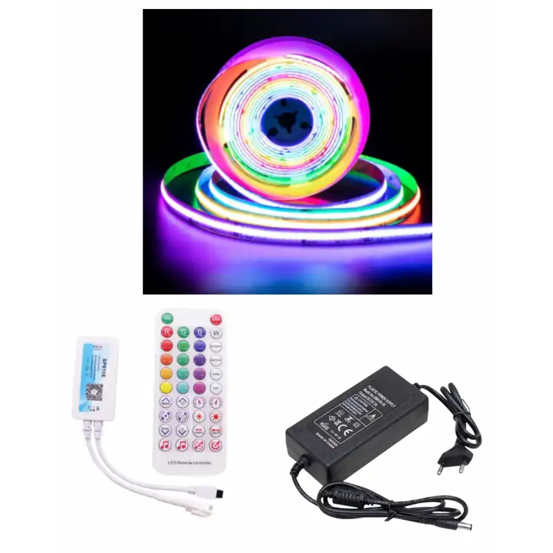 5 Metre 12 Volt 12mm İç Mekan 720 Ledli Argb Pixel Cob Led SP611E Bluetoothlu Sese Duyarlı Tek Çıkış Kumanda 5A Plastik Trafo Set