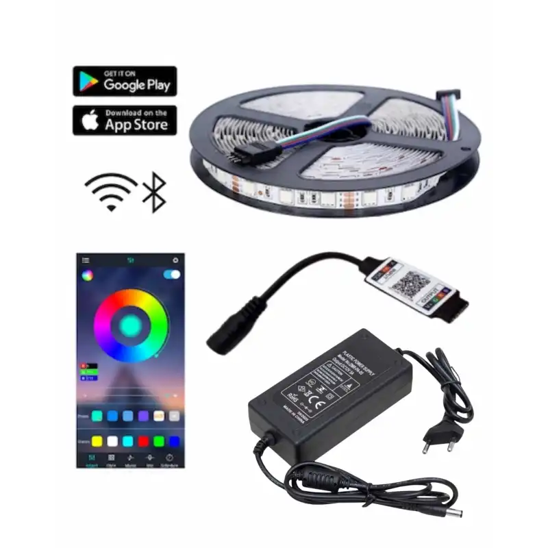 5 Metre 12V 120 Ledli RGB İç Mekan Şerit Led 5A Plastik Adaptör Bluetoothlu Telefondan Led Kontrol Üniteli Set