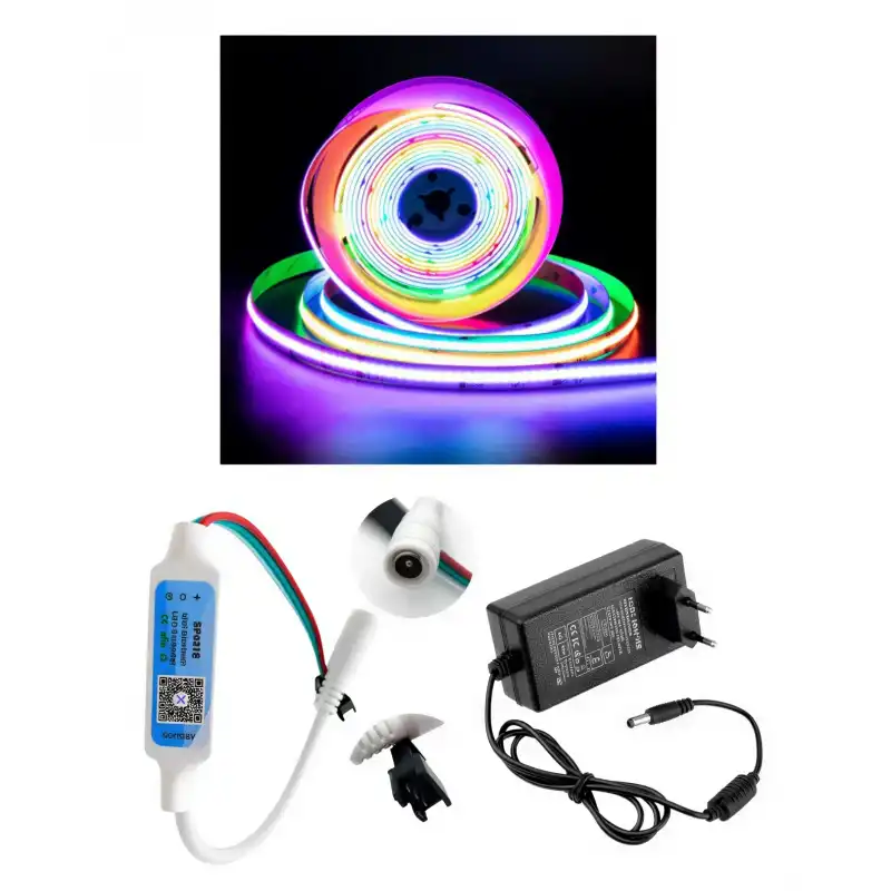 5 Metre 12V 12mm İç Mekan 432 Pixel Cob Ledli SP621 Bluetooth Cep Telefonundan Kumandalı 5A Priz Tipi Plastik Adaptörlü Set