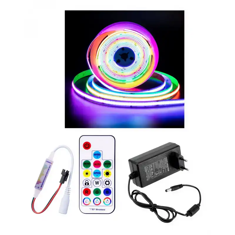 5 Metre 12V 12mm İç Mekan 720 Pixel Cob Ledli 17 Tuşlu Sese ve Müziğe Duyarlı RF Kumandalı 5A Priz Tipi Plastik Adaptörlü Set