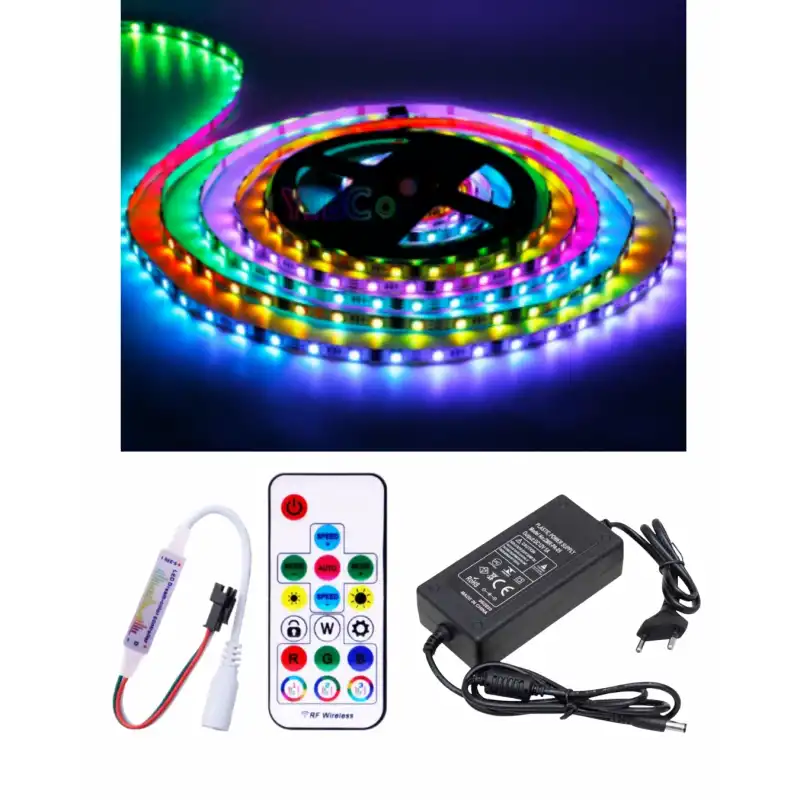 5 Metre 12V Dış Mekan 60 Pixel Ledli 17 Tuşlu Sese ve Müziğe Duyarlı RF Kumandalı 5A Plastik Adaptörlü Set