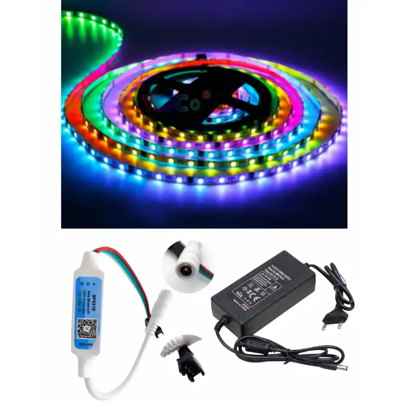 5 Metre 12V İç Mekan 60 Pixel Ledli Bluetooth Cep Telefonundan Kumandalı 5A Plastik Adaptörlü Set