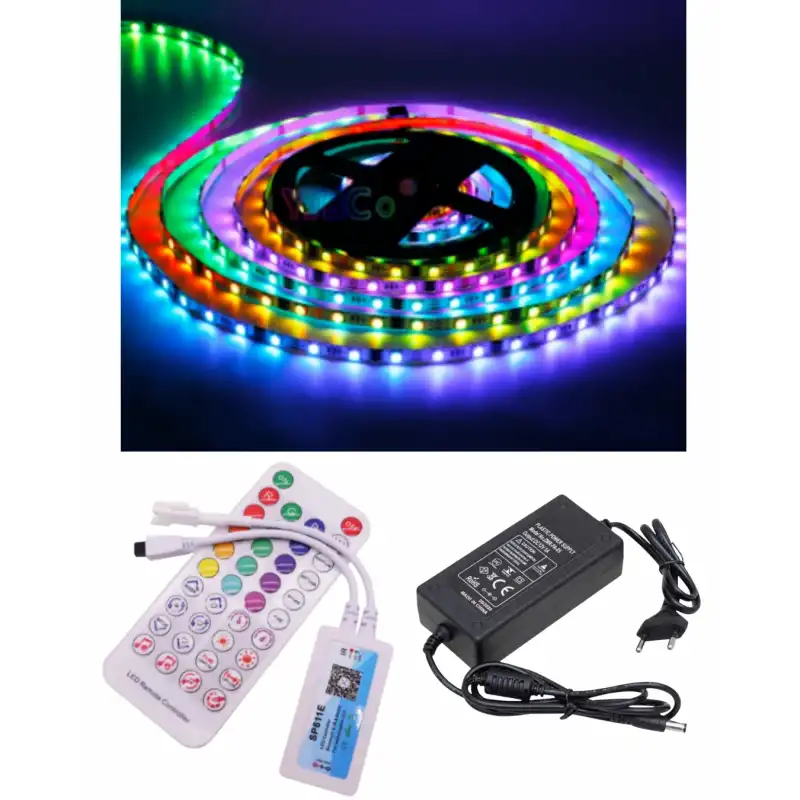 5 Metre 12V İç Mekan 60 Pixel Ledli SP611E Tek Çıkışlı Sese ve Müziğe Duyarlı 5A Plastik Adaptörlü Set