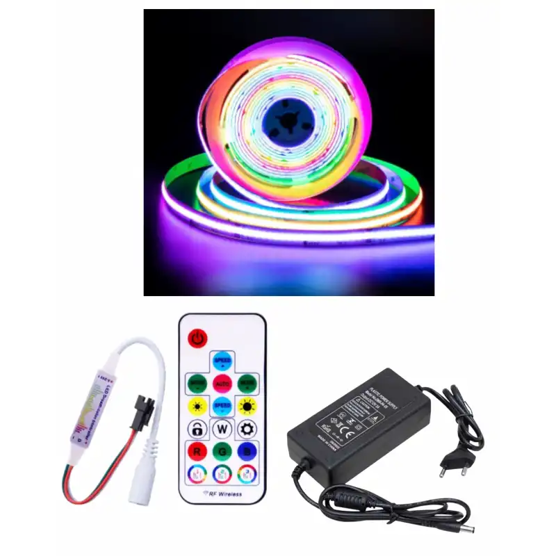 5 Metre 12V 12mm İç Mekan 720 Pixel Cob Ledli 17 Tuşlu Sese ve Müziğe Duyarlı RF Kumandalı 5A Plastik Adaptörlü Set