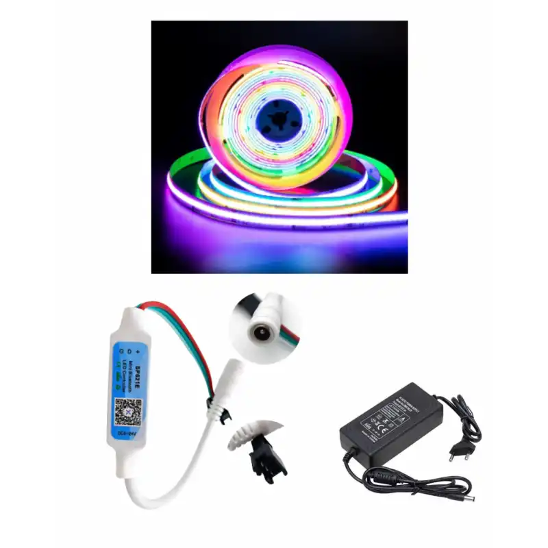 5 Metre 12V 12mm İç Mekan 720 Pixel Cob Ledli SP621 Bluetooth Cep Telefonundan Kumandalı 5A Plastik Adaptörlü Set