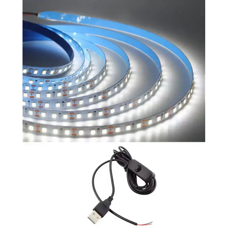 5 Metre 5 Volt 2835 SMD 6500 K Beyaz İç Mekan 60 Ledli Şerit USB li Anahtarlı Siyah Güç Kablosu Set