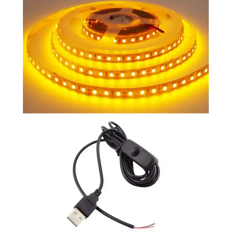5 Metre 5 Volt 2835 SMD Amber İç Mekan 60 Ledli Şerit USB li Anahtarlı Siyah Güç Kablosu Set