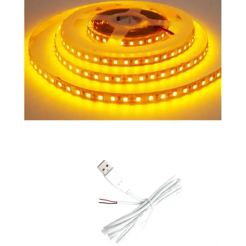 5 Metre 5 Volt 2835 SMD Amber İç Mekan 60 Ledli Şerit USB li Beyaz Güç Kablosu Set