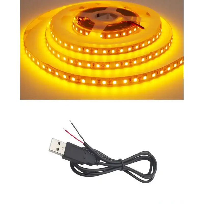 5 Metre 5 Volt 2835 SMD Amber İç Mekan 60 Ledli Şerit USB li Siyah Güç Kablosu Set