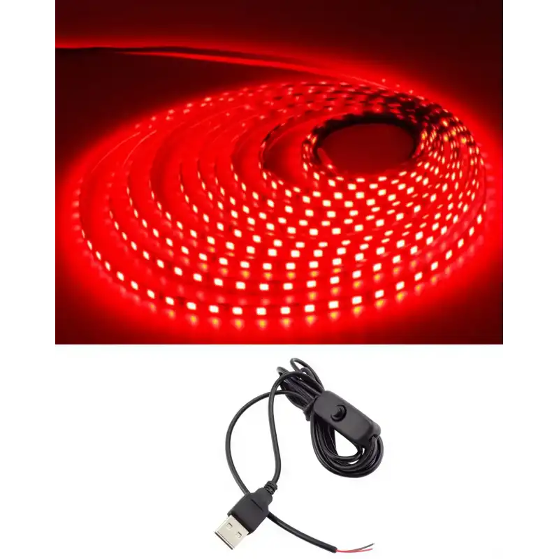 5 Metre 5 Volt 2835 SMD Kırmızı İç Mekan 60 Ledli Şerit USB li Anahtarlı Siyah Güç Kablosu Set