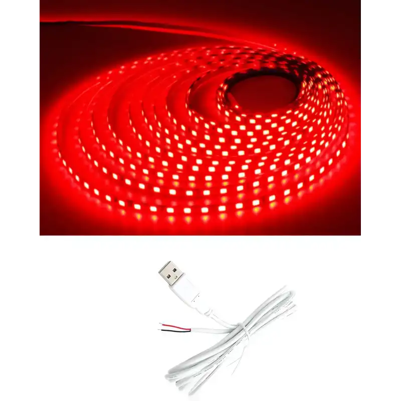 5 Metre 5 Volt 2835 SMD Kırmızı İç Mekan 60 Ledli Şerit USB li Beyaz Güç Kablosu Set