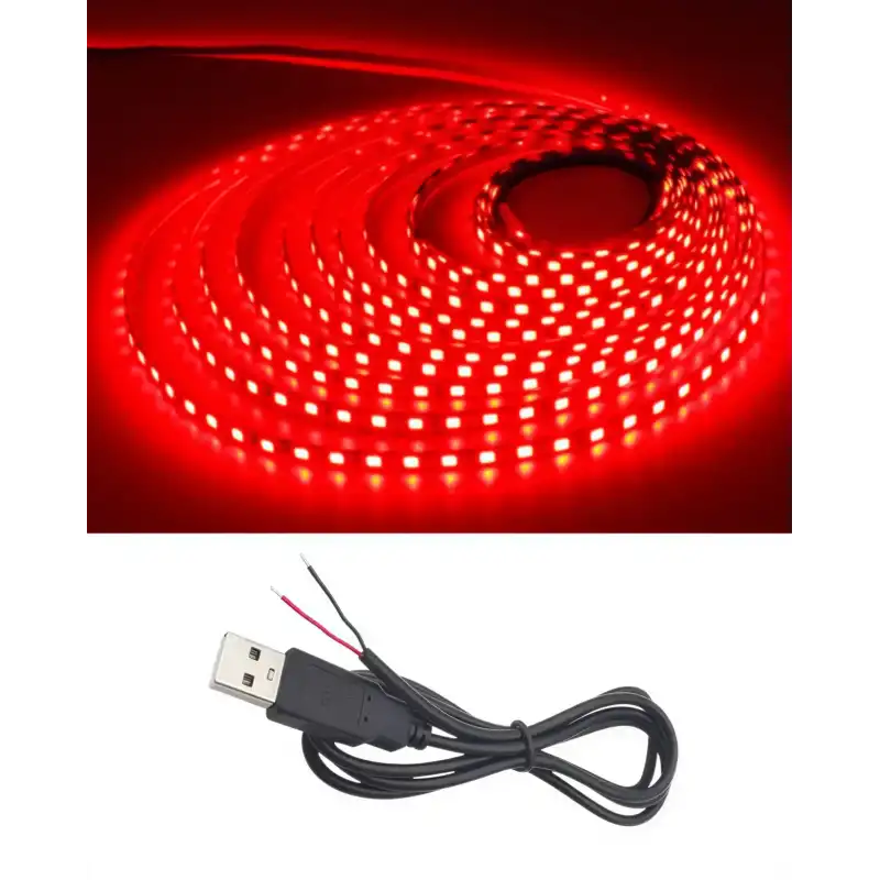 5 Metre 5 Volt 2835 SMD Kırmızı İç Mekan 60 Ledli Şerit USB li Siyah Güç Kablosu Set