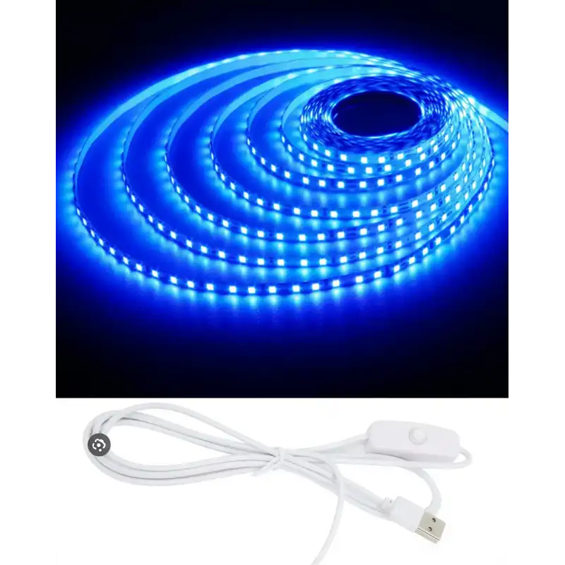 5 Metre 5 Volt 2835 SMD Mavi İç Mekan 60 Ledli Şerit USB li Anahtarlı Beyaz Güç Kablosu Set