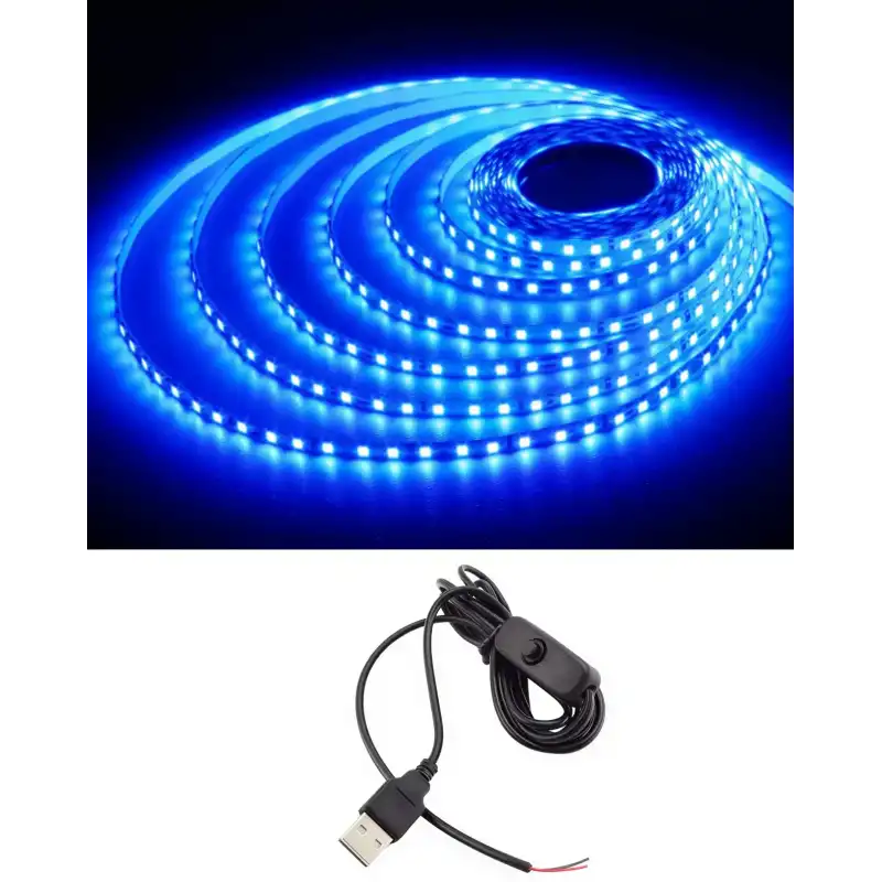 5 Metre 5 Volt 2835 SMD Mavi İç Mekan 60 Ledli Şerit USB li Anahtarlı Siyah Güç Kablosu Set