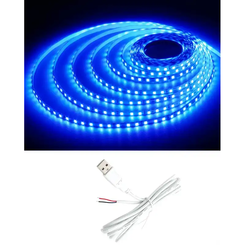 5 Metre 5 Volt 2835 SMD Mavi İç Mekan 60 Ledli Şerit USB li Beyaz Güç Kablosu Set