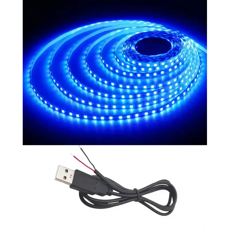 5 Metre 5 Volt 2835 SMD Mavi İç Mekan 60 Ledli Şerit USB li Siyah Güç Kablosu Set