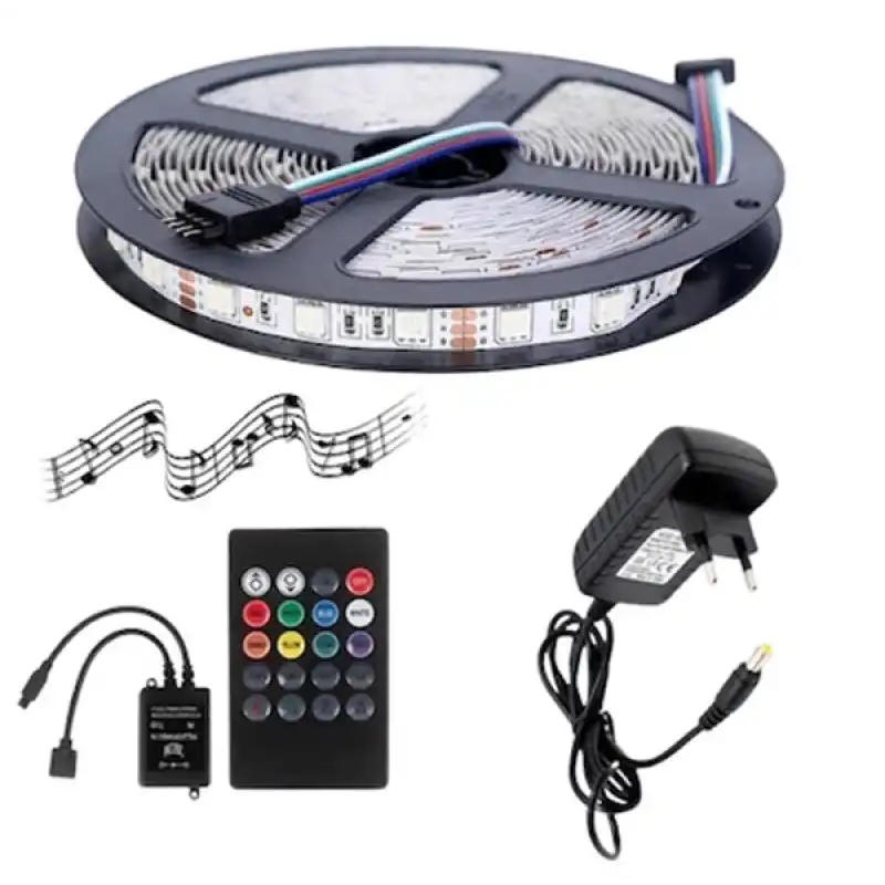 5 Metre 5V 60 Ledli RGB İç Mekan Şerit Led 2A Plastik Adaptör Sese ve Müziğe Duyarlı Led Kontrol Üniteli Set