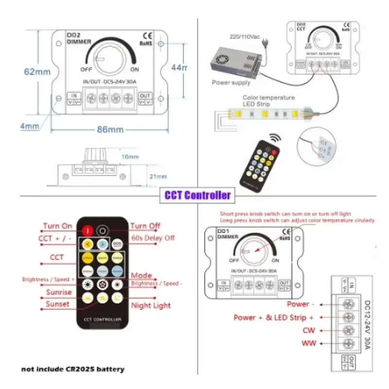 5V - 24V 30A 2 Kanal Çift Renk CCT 17 Tuşlu RF Kumanda ve Manuel Dimmer