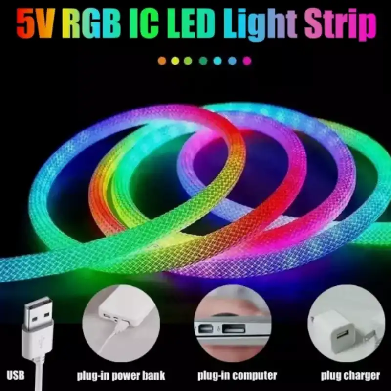5V 5 Metre Usb Kitli IP67 IC-RGB Halat Işık Pixel Neon Şerit Led Bluetoothlu ve Uzaktan Kumandalı