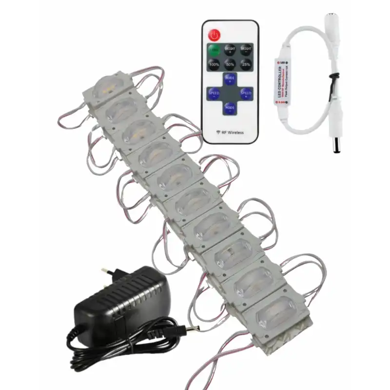20 Adet 12 Volt 1.2 Watt Dar Açılı Tek Lensli 3000K Günışığı Led Modül 12A Tek Renk RF Dimmer 2A Priz Tipi Adaptör Set
