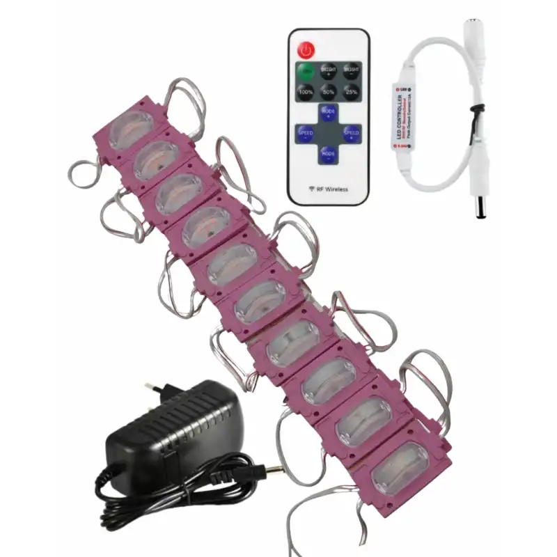 20 Adet 12 Volt 1.2 Watt Dar Açılı Tek Lensli Pembe Led Modül 12A Tek Renk RF Dimmer 2A Priz Tipi Adaptör Set