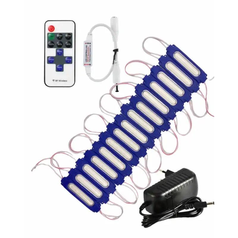 20 Adet 12 Volt 2 Watt Mavi Cob Led Modül 12A Tek Renk RF Dimmer 2A Priz Tipi Adaptör Set