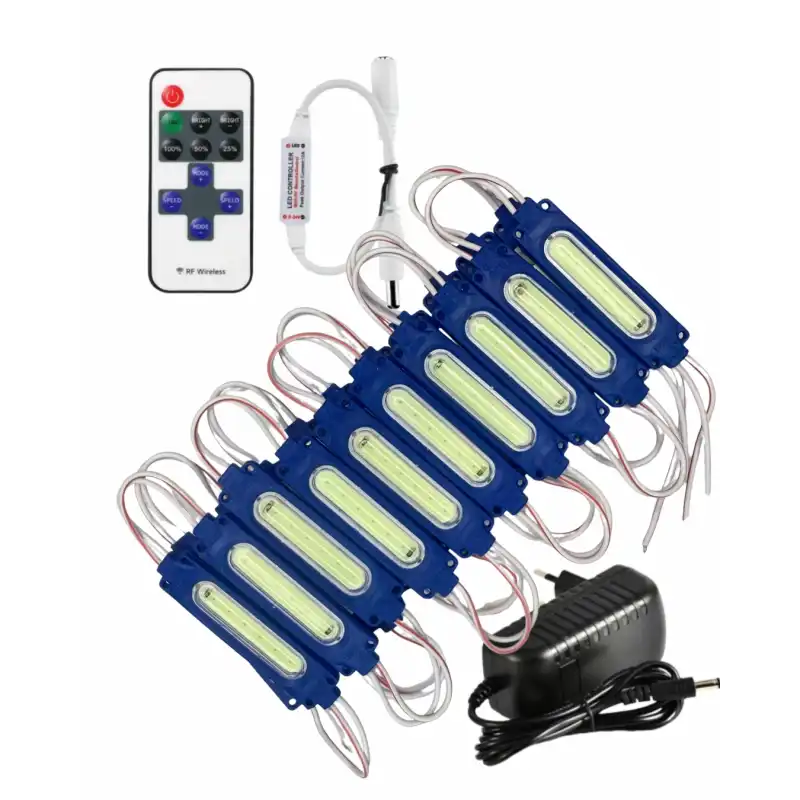 20 Adet 12 Volt 2 Watt Turkuaz Cob Led Modül 12A Tek Renk RF Dimmer 2A Priz Tipi Adaptör Set