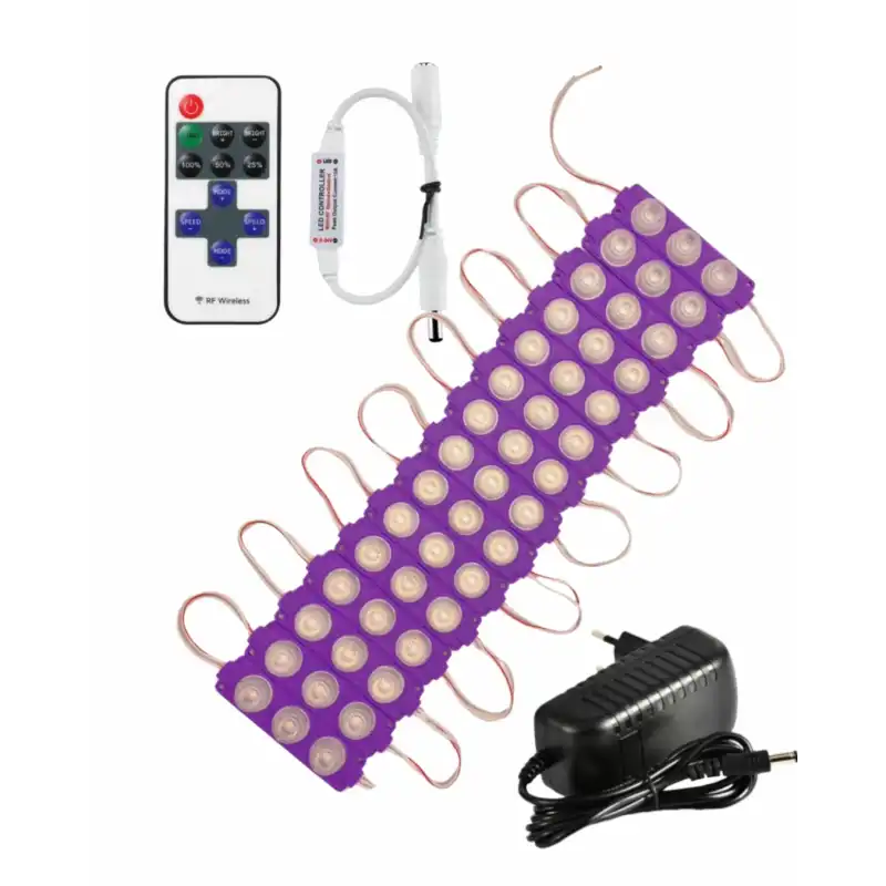 20 Adet 12 Volt 3 Watt 3 Lens Mor 3030 Led Modül 12A Tek Renk RF Dimmer 3A Priz Tipi Adaptör Set