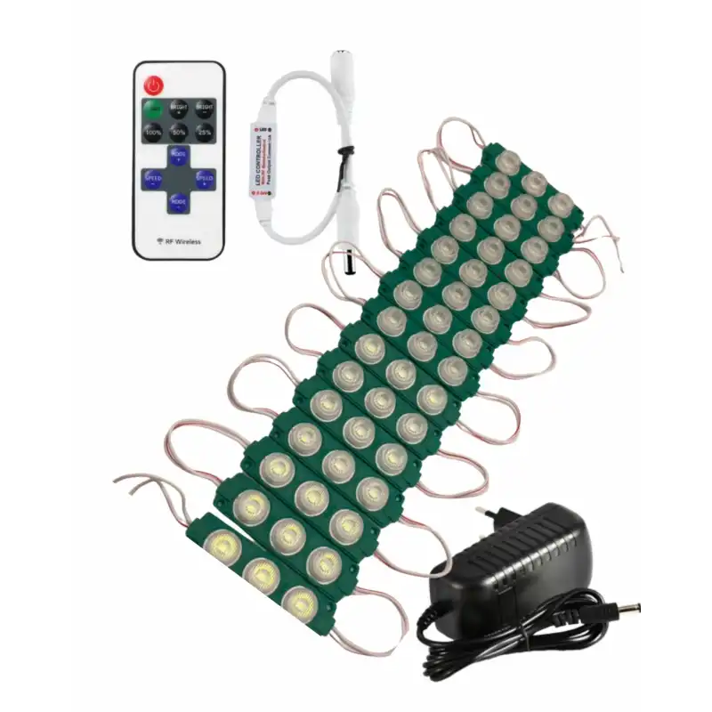 20 Adet 12 Volt 3 Watt 3 Lens Yeşil 3030 Led Modül 12A Tek Renk RF Dimmer 3A Priz Tipi Adaptör Set