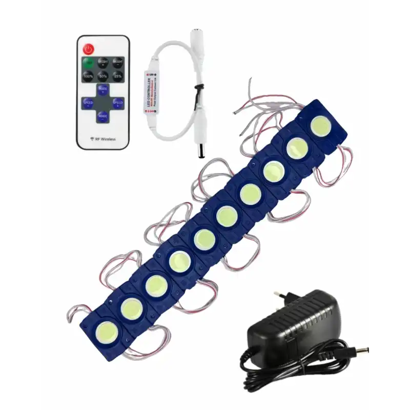 20 Adet 12 Volt 2.4 Watt Turkuaz Kare Cob Led Modül 12A Tek Renk RF Dimmer 2A Priz Tipi Adaptör Set