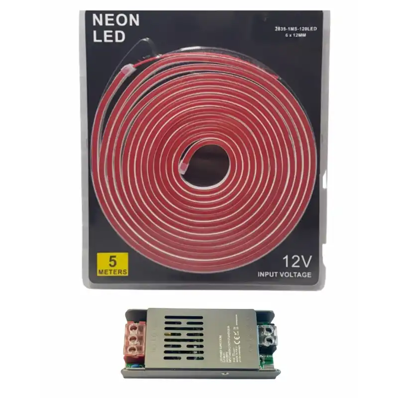 5 Metre 12 Volt 6x12 mm Esnek Neon Led Kırmızı 5A Slim Trafo Set