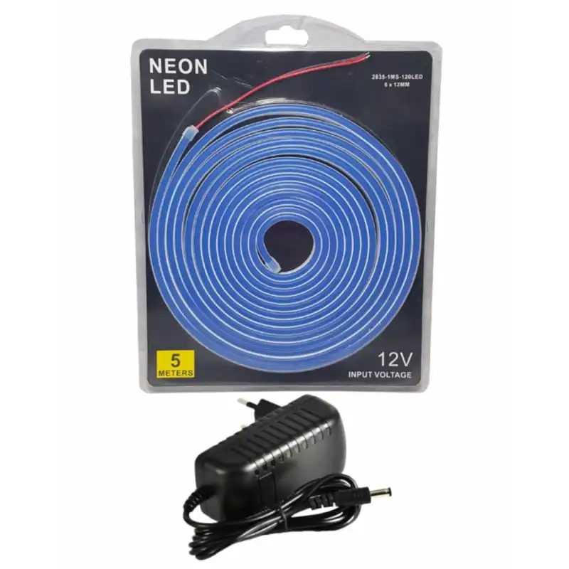 5 Metre 12 Volt 6x12 mm Esnek Mavi Neon Led  3A Plastik Adaptör Set